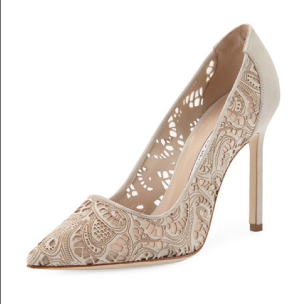 Manolo Blahnik Natural Arbob Laser-Cut Suede Pumps